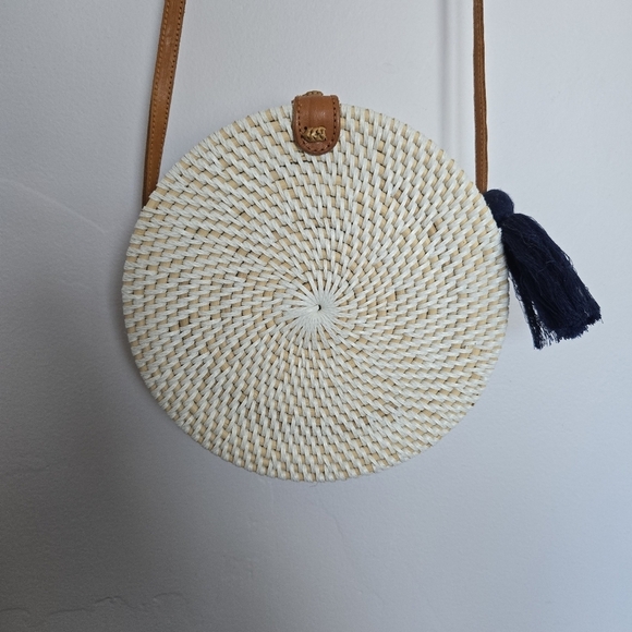 White Woven Crossbody Bag with Tan Strap - Picture 2 of 7
